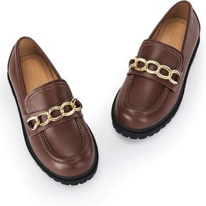 Coutgo Girls Slip On Penny Loafers Platform School Uniform Flats Round Toe Chunky Heel Dress Shoes