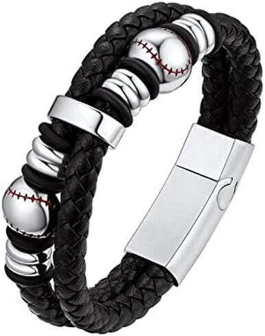 Bestyle Genuine Leather Braided Black Baseball Bead Bracelets for Men Boys, Fashion Wirstband Ball Sport Bracelets Mens Sports Jewelry for Baseball Sprots Fan Maior League Baseball Player in Saudi Arabia