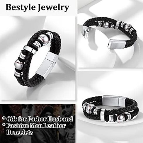 Bestyle Genuine Leather Braided Black Baseball Bead Bracelets for Men Boys, Fashion Wirstband Ball Sport Bracelets Mens Sports Jewelry for Baseball Sprots Fan Maior League Baseball Player in Saudi Arabia