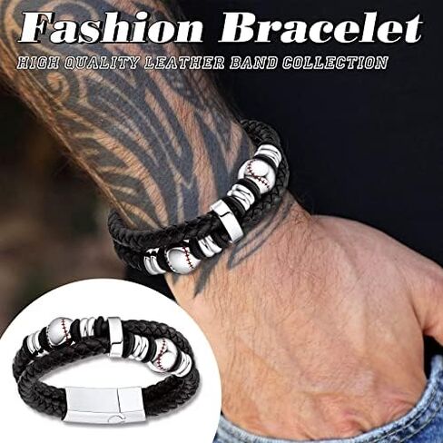 Bestyle Genuine Leather Braided Black Baseball Bead Bracelets for Men Boys, Fashion Wirstband Ball Sport Bracelets Mens Sports Jewelry for Baseball Sprots Fan Maior League Baseball Player in Saudi Arabia