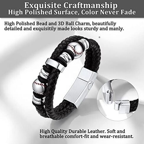 Bestyle Genuine Leather Braided Black Baseball Bead Bracelets for Men Boys, Fashion Wirstband Ball Sport Bracelets Mens Sports Jewelry for Baseball Sprots Fan Maior League Baseball Player in Saudi Arabia