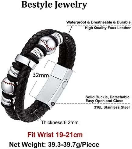 Bestyle Genuine Leather Braided Black Baseball Bead Bracelets for Men Boys, Fashion Wirstband Ball Sport Bracelets Mens Sports Jewelry for Baseball Sprots Fan Maior League Baseball Player in Saudi Arabia