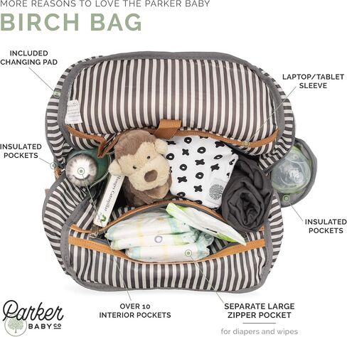 Parker Baby Co. Birch Bag, Birch Diaper Backpack, Insulated Pockets - Cream | Stylish diaper bag backpack with changing pad, stroller straps, 10+ pockets, and organized baby travel storage. 18x14x7" in Kuwait