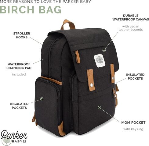 Parker Baby Co. Birch Bag, Birch Diaper Backpack, Insulated Pockets - Cream | Stylish diaper bag backpack with changing pad, stroller straps, 10+ pockets, and organized baby travel storage. 18x14x7" in Kuwait