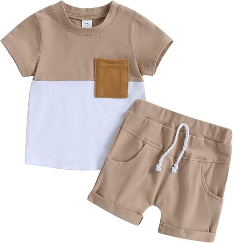Rtnnsbbfcm Newborn Baby Boy Summer Clothes Short Sleeve Color Block Front Pocket T-Shirt Top Shorts 2Pcs Casual Outfit in Saudi Arabia