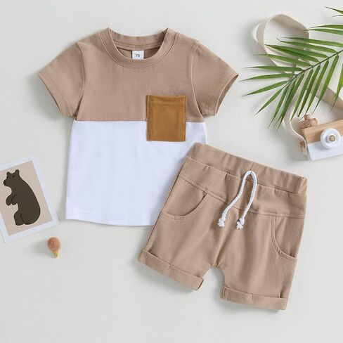 Rtnnsbbfcm Newborn Baby Boy Summer Clothes Short Sleeve Color Block Front Pocket T-Shirt Top Shorts 2Pcs Casual Outfit in Saudi Arabia