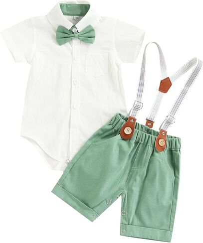 Qiylii Infant Baby Boys Short Sleeve Bowtie Buttons Bodysuit Shirts Suspender Shorts Casual Summer Clothes in Kuwait