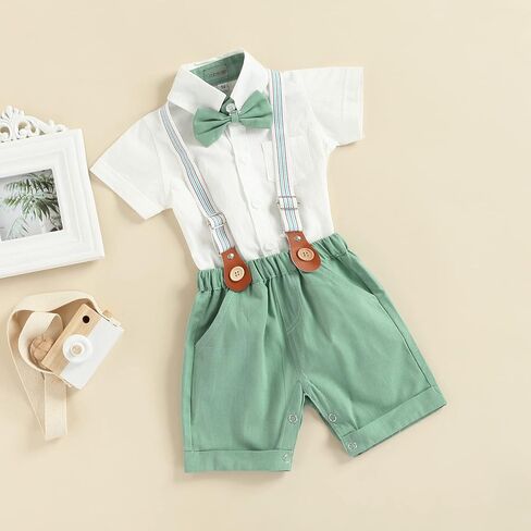 Qiylii Infant Baby Boys Short Sleeve Bowtie Buttons Bodysuit Shirts Suspender Shorts Casual Summer Clothes in Kuwait