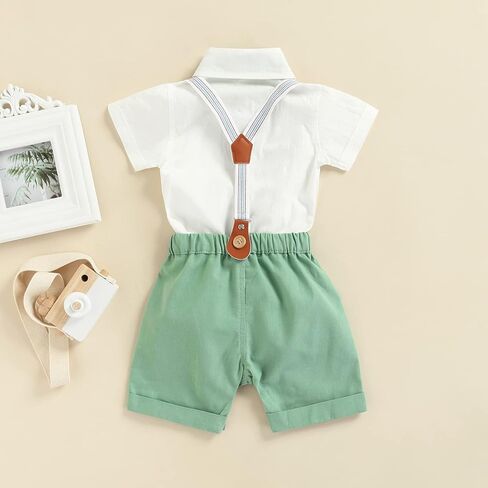Qiylii Infant Baby Boys Short Sleeve Bowtie Buttons Bodysuit Shirts Suspender Shorts Casual Summer Clothes in Kuwait
