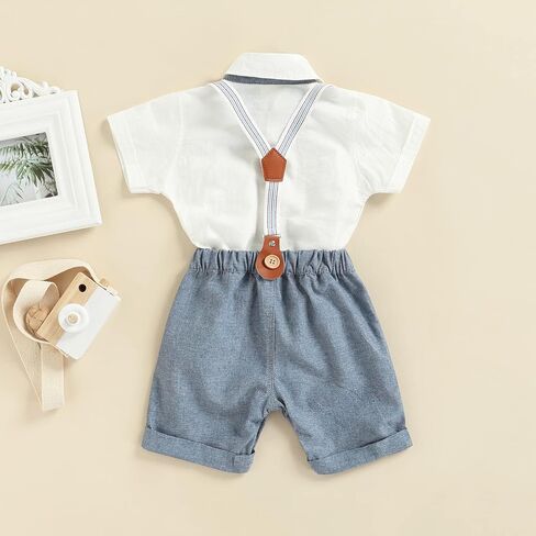 Qiylii Infant Baby Boys Short Sleeve Bowtie Buttons Bodysuit Shirts Suspender Shorts Casual Summer Clothes in Kuwait