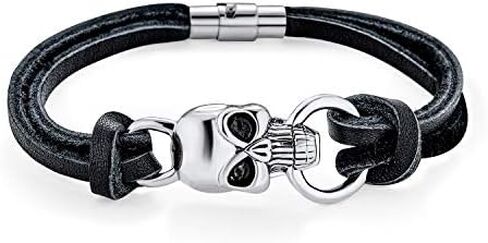 Skulls Crossbones Genuine Black Leather Multi Strand Wrap Stainless Steel Cuff Bracelet for Men for Women Bikers in Saudi Arabia