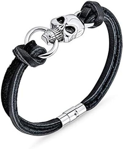 Skulls Crossbones Genuine Black Leather Multi Strand Wrap Stainless Steel Cuff Bracelet for Men for Women Bikers in Saudi Arabia