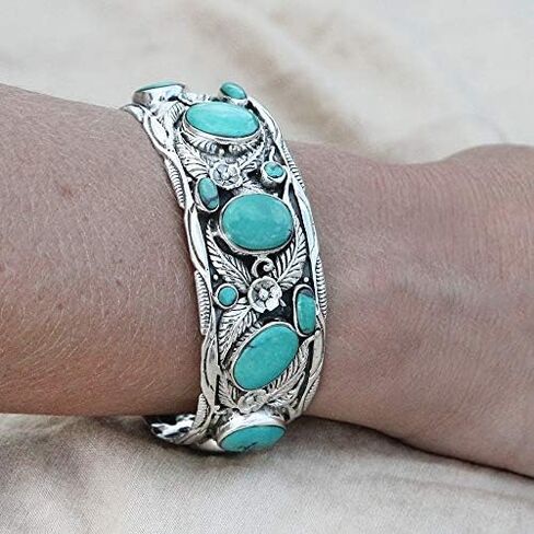 VY JEWELRY LEAVES CUFF - Handmade 925 Sterling Silver Wide Bracelet with Genuine Blue Opal or Turquoise Stones in Kuwait