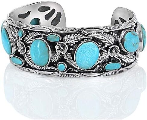 VY JEWELRY LEAVES CUFF - Handmade 925 Sterling Silver Wide Bracelet with Genuine Blue Opal or Turquoise Stones in Kuwait