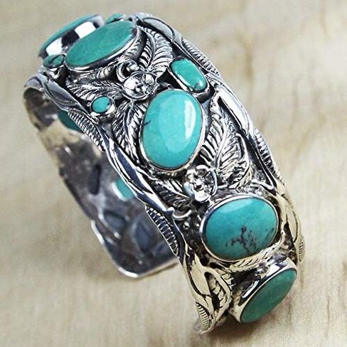 VY JEWELRY LEAVES CUFF - Handmade 925 Sterling Silver Wide Bracelet with Genuine Blue Opal or Turquoise Stones in Kuwait