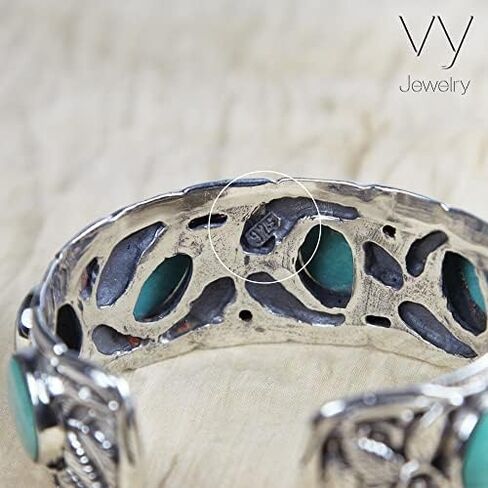 VY JEWELRY LEAVES CUFF - Handmade 925 Sterling Silver Wide Bracelet with Genuine Blue Opal or Turquoise Stones in Kuwait