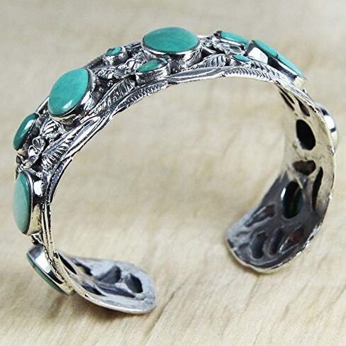 VY JEWELRY LEAVES CUFF - Handmade 925 Sterling Silver Wide Bracelet with Genuine Blue Opal or Turquoise Stones in Kuwait