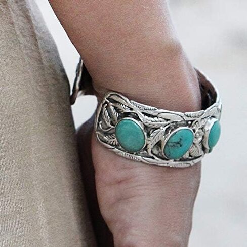 VY JEWELRY LEAVES CUFF - Handmade 925 Sterling Silver Wide Bracelet with Genuine Blue Opal or Turquoise Stones in Kuwait