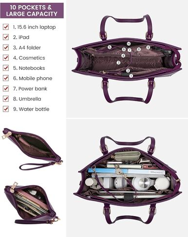 LOVEVOOK Laptop Tote and Briefcase Set for Women - 15.6 Inch Waterproof Leather Shoulder Bag with USB Charging Port for Business, Office, Work - Black in Saudi Arabia