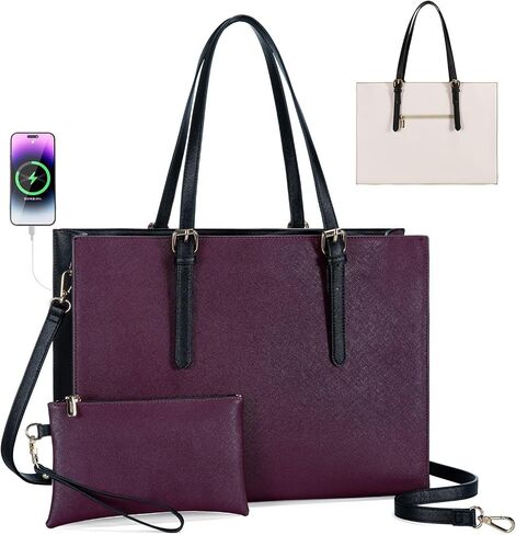 LOVEVOOK Laptop Tote and Briefcase Set for Women - 15.6 Inch Waterproof Leather Shoulder Bag with USB Charging Port for Business, Office, Work - Black in Saudi Arabia