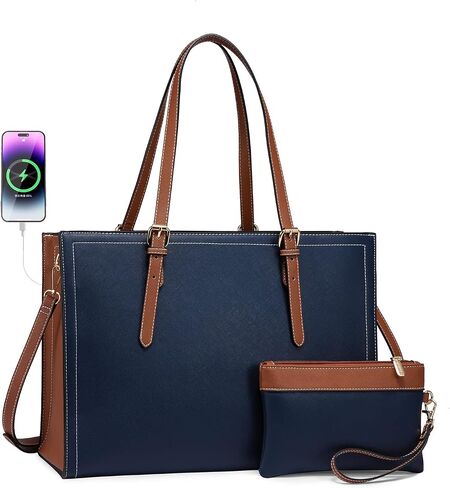 LOVEVOOK Laptop Tote and Briefcase Set for Women - 15.6 Inch Waterproof Leather Shoulder Bag with USB Charging Port for Business, Office, Work - Black in Saudi Arabia
