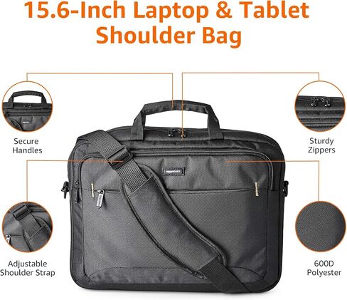 حقيبة كتف للكمبيوتر المحمول والكمبيوتر اللوحي مقاس 15.6 بوصة من Amazon Basics، عبوة واحدة، أسود in Kuwait