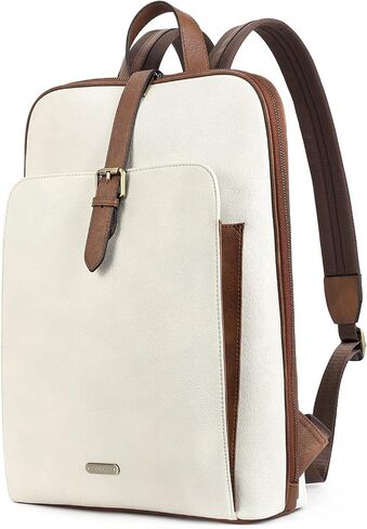 CLUCI Leather Backpack for Women 15.6 inch Laptop Backpack Purse for Women Stylish Work Computer Backpack Casual Daypack Black with Off-white-Brown in Saudi Arabia