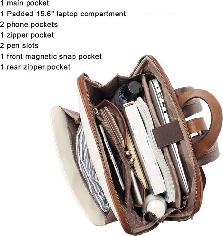 CLUCI Leather Backpack for Women 15.6 inch Laptop Backpack Purse for Women Stylish Work Computer Backpack Casual Daypack Black with Off-white-Brown in Saudi Arabia