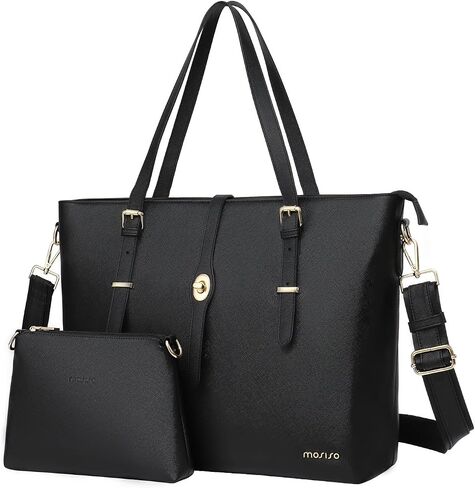 MOSISO Laptop Tote Bag Compatible with MacBook Pro 16 inch 2023-2019 M2 A2780 M1 A2485 Pro/Max A2141,15-15.6 inch Notebook, PU Leather Briefcase with Middle Button & Small Purse&Shoulder Strap, Black in Saudi Arabia