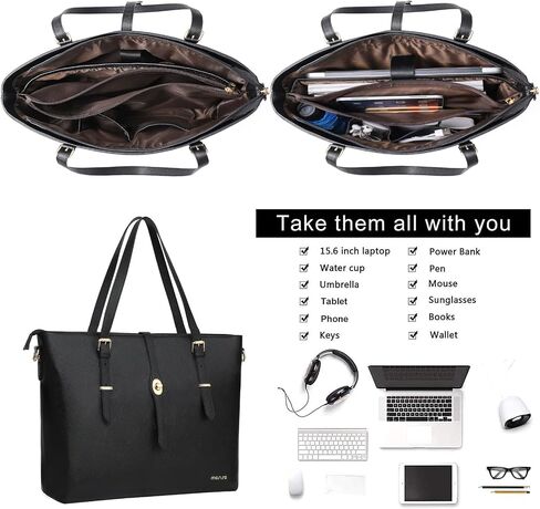 MOSISO Laptop Tote Bag Compatible with MacBook Pro 16 inch 2023-2019 M2 A2780 M1 A2485 Pro/Max A2141,15-15.6 inch Notebook, PU Leather Briefcase with Middle Button & Small Purse&Shoulder Strap, Black in Saudi Arabia