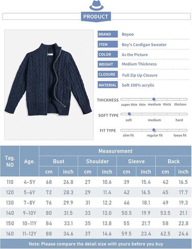 سترة Boyoo Boy's Cardigan Sweater بسحاب كامل ومتماسكة مع جيوب لعمر 4-12 سنة in Kuwait