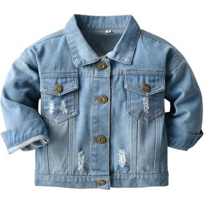 IWEMEK Toddler Baby Boy Girl Denim Jackets Button Down Jeans Jacket Top Coat Ripped Cowboy Outwear Hooded Winter Fall Clothes in Kuwait