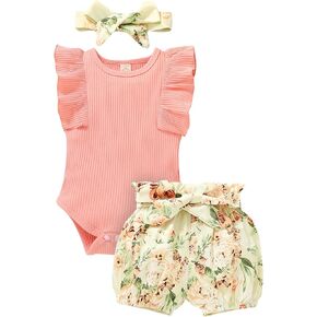 Tiny Cutey Baby Girl Clothes Infant Summer Outfits Set Ruffle Sleeve Romper and Floral Shorts with Headband