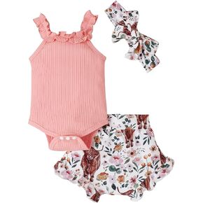 Qiylii Newborn Baby Girl Floral Summer Short Sets, Strap Onesie Top Ruffle Blommer Shorts Headband 3PC Cute Infant Outfits