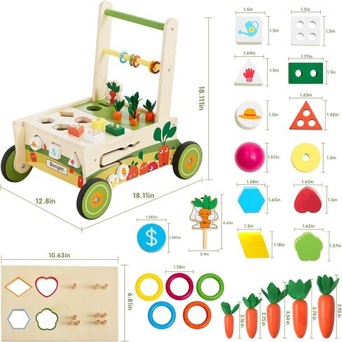 Beright 12-in-1 Wooden Baby Walker, Push and Pull Learning Activity Walker, Multiple Activities Center, Shape Sorting, Grocery Cart Push Toy and Puzzles, Develops Motor Skills & Stimulates in Kuwait