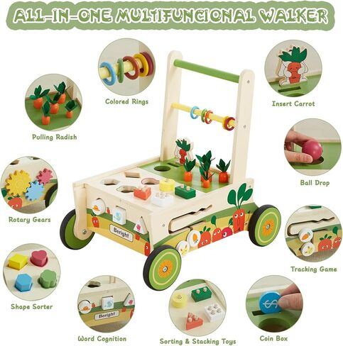 Beright 12-in-1 Wooden Baby Walker, Push and Pull Learning Activity Walker, Multiple Activities Center, Shape Sorting, Grocery Cart Push Toy and Puzzles, Develops Motor Skills & Stimulates in Kuwait