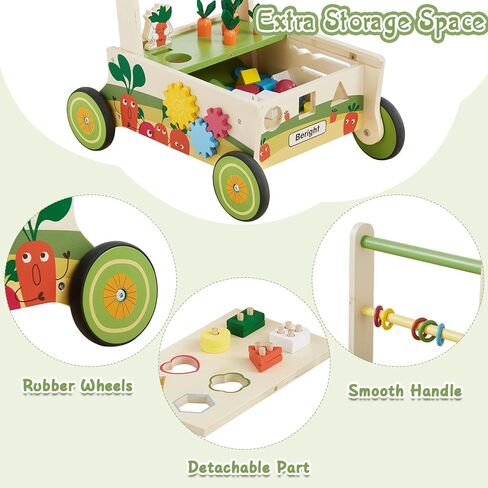 Beright 12-in-1 Wooden Baby Walker, Push and Pull Learning Activity Walker, Multiple Activities Center, Shape Sorting, Grocery Cart Push Toy and Puzzles, Develops Motor Skills & Stimulates in Kuwait