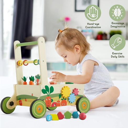 Beright 12-in-1 Wooden Baby Walker, Push and Pull Learning Activity Walker, Multiple Activities Center, Shape Sorting, Grocery Cart Push Toy and Puzzles, Develops Motor Skills & Stimulates in Kuwait