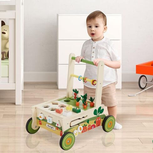 Beright 12-in-1 Wooden Baby Walker, Push and Pull Learning Activity Walker, Multiple Activities Center, Shape Sorting, Grocery Cart Push Toy and Puzzles, Develops Motor Skills & Stimulates in Kuwait