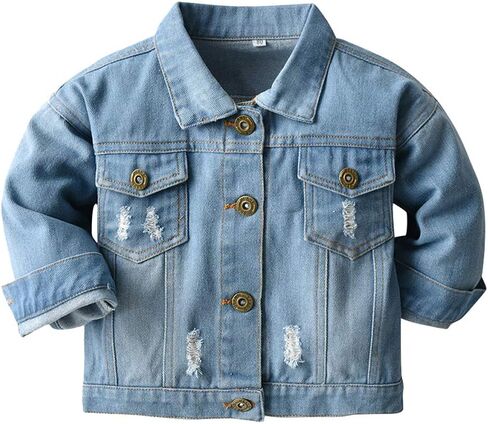 IWEMEK Toddler Baby Boy Girl Denim Jackets Button Down Jeans Jacket Top Coat Ripped Cowboy Outwear Hooded Winter Fall Clothes in Kuwait