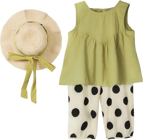 Balatale ملابس طفلة رضيعة برباط خلفي بدون أكمام + طقم سراويل منقطة مع قبعة الشمس 3 قطعة مجموعة ملابس الصيف in Kuwait