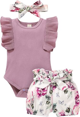 Baby Girl Clothes Infant Summer Outfits Set Ruffle Sleeve Romper and Floral Shorts with Headband in Saudi Arabia
