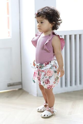 Baby Girl Clothes Infant Summer Outfits Set Ruffle Sleeve Romper and Floral Shorts with Headband in Saudi Arabia