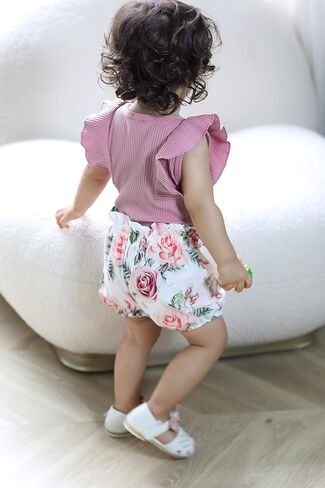 Baby Girl Clothes Infant Summer Outfits Set Ruffle Sleeve Romper and Floral Shorts with Headband in Saudi Arabia