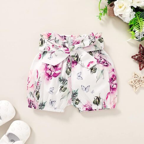Baby Girl Clothes Infant Summer Outfits Set Ruffle Sleeve Romper and Floral Shorts with Headband in Saudi Arabia