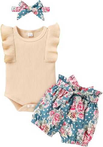 Baby Girl Clothes Infant Summer Outfits Set Ruffle Sleeve Romper and Floral Shorts with Headband in Saudi Arabia