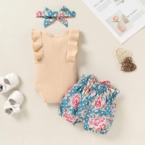 Baby Girl Clothes Infant Summer Outfits Set Ruffle Sleeve Romper and Floral Shorts with Headband in Saudi Arabia