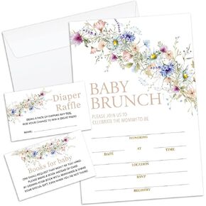 Apankiw Wildflower Baby Brunch Baby Shower Invitations with Envelopes and Diaper Sweepstakes and Baby Book Cards Pack of 25 Each, Gender Reveal Party Baby Shower Activities Supplies -TZC008 in Kuwait