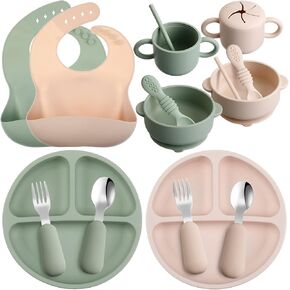 16 Pcs Baby Led Weaning Supplies Silicone Baby Feeding Set Baby Plates with Suction Baby Utensils with Divided Adjustable Bib Bowl Cutlery Snack Cup Spoons Straw 6 Months+ (Blue, Smoky Gray)