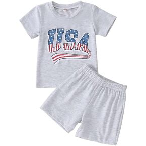 BOUTIKOME Toddler Baby 4th of July Outfit Boy Girl Oversized Romper USA Shirts Shorts Set American Flag Matching Clothes